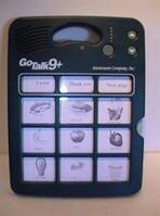 GoTalk 9+ - black rectangle sitting vertically with 12 keyguard openings. Used for communication