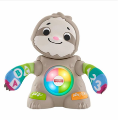 Gray toy sloth with purple, blue, and green arms, a light up circular stomach with pink, yellow, blue, and green quadrants, and green and orange interactive buttons on its feet